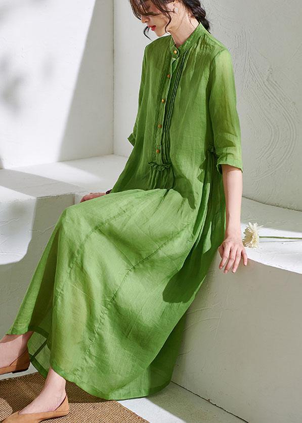 Mandarin Collar Button Placket Pintuck Drop Waist Half Sleeve Gauze Maxi Dress