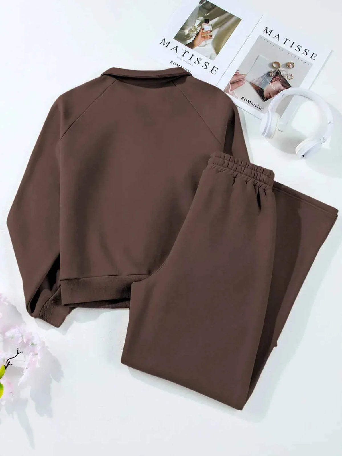 Collared Button Placket Sweatshirt and Seam Front Wide Leg Pants Two Piece Set 13
