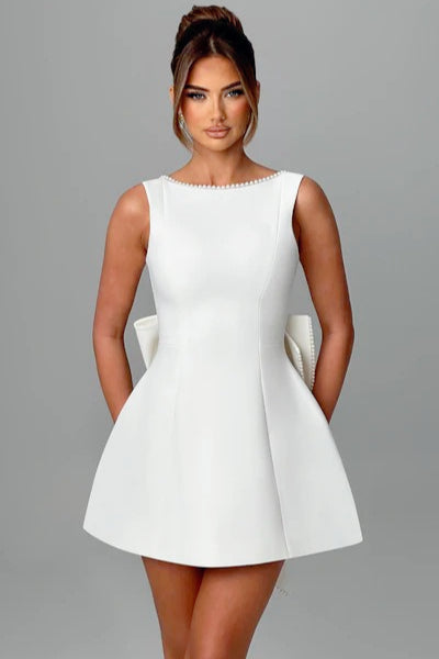 Pearl Trim Boat Neck Bow Back Fit and Flare Mini Dress