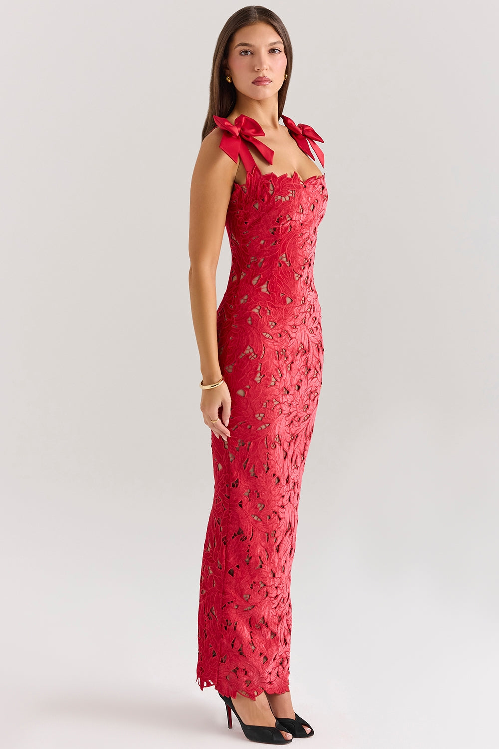 Cutwork Lace Bow Shoulder Square Neck Column Maxi Dress 4