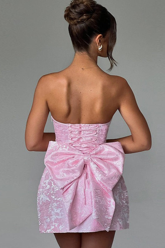 Jacquard Strapless Bow Back Fit and Flare Mini Dress