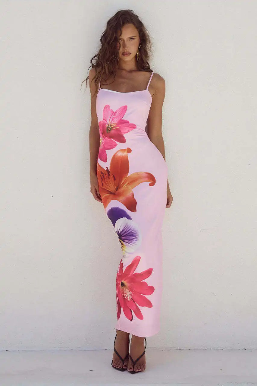 Floral Print Spaghetti Strap Square Neck Bodycon Maxi Dress