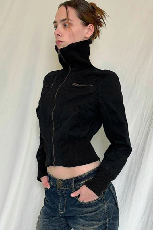 Casual Girdling Waist Black Jacket