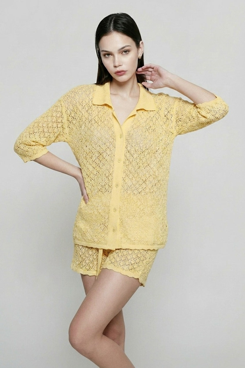 Open Knit Collared Button Front Shirt and Scalloped Shorts Two Piece Set 3