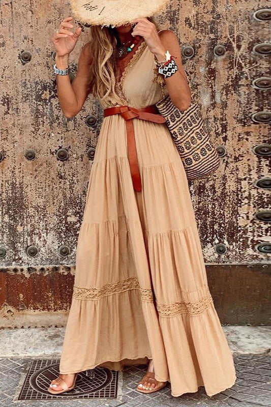 High Waist V Neck Spliced Elegant Boho Dress