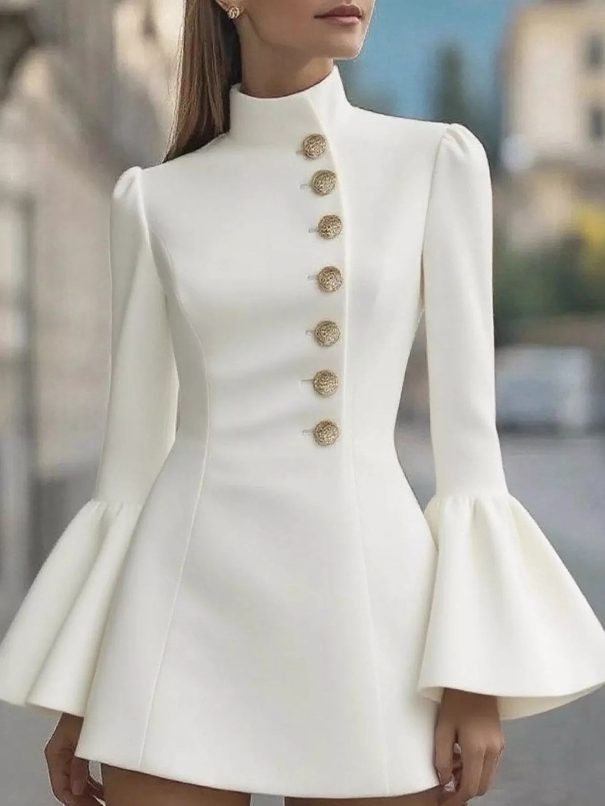 Velvet Mock Neck Bell Sleeve Button Front Mini Dress 7