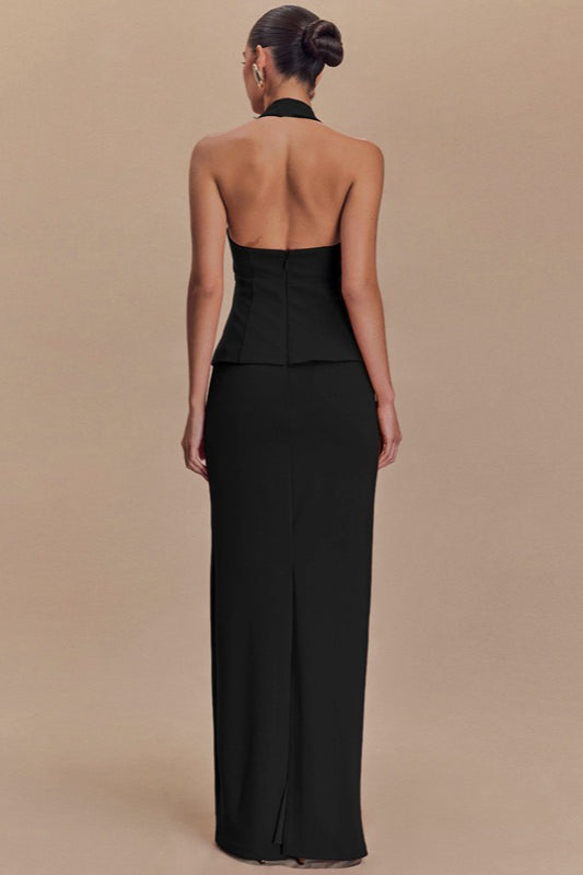 Halter Neck Backless Peplum Maxi Gown