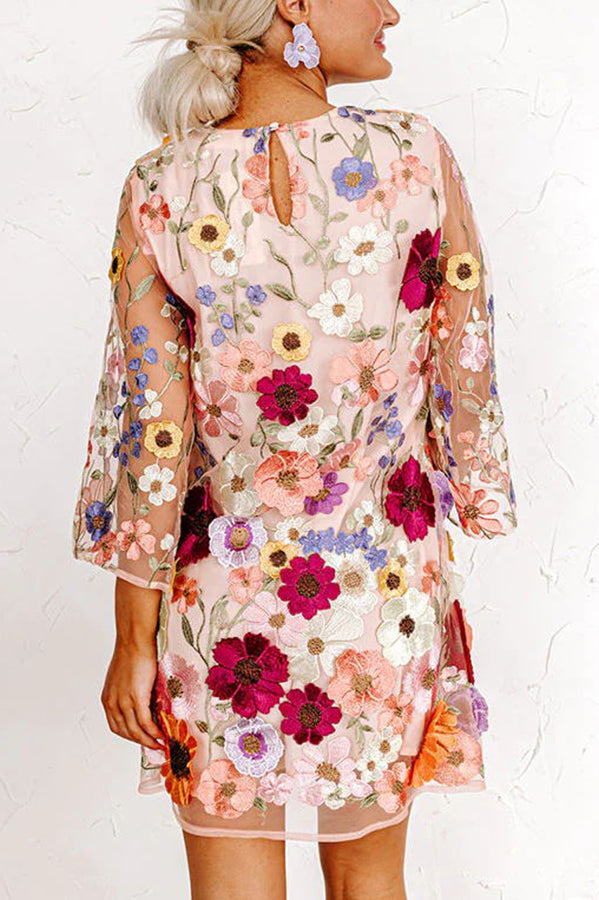 Floral Embroidered Half Sleeve Mini Dress - View 5