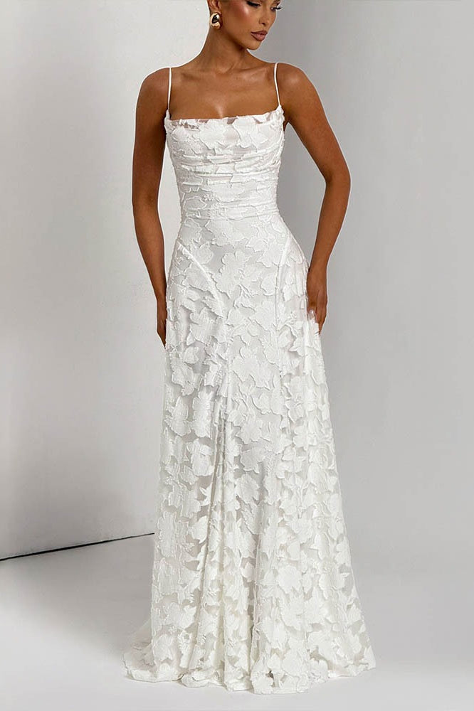 Floral Burnout Lace Spaghetti Strap Straight Neck A-Line Maxi Dress 14