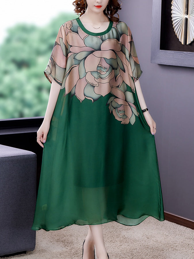 Floral Print Round Neck Short Sleeve Sheer Layered Loose A-Line Midi Dress