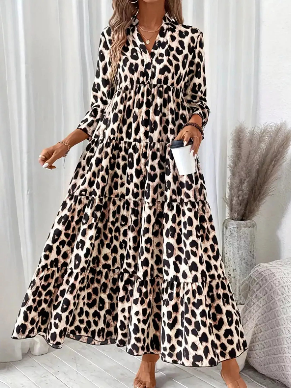 Leopard 3/4 Sleeve Midi Dress