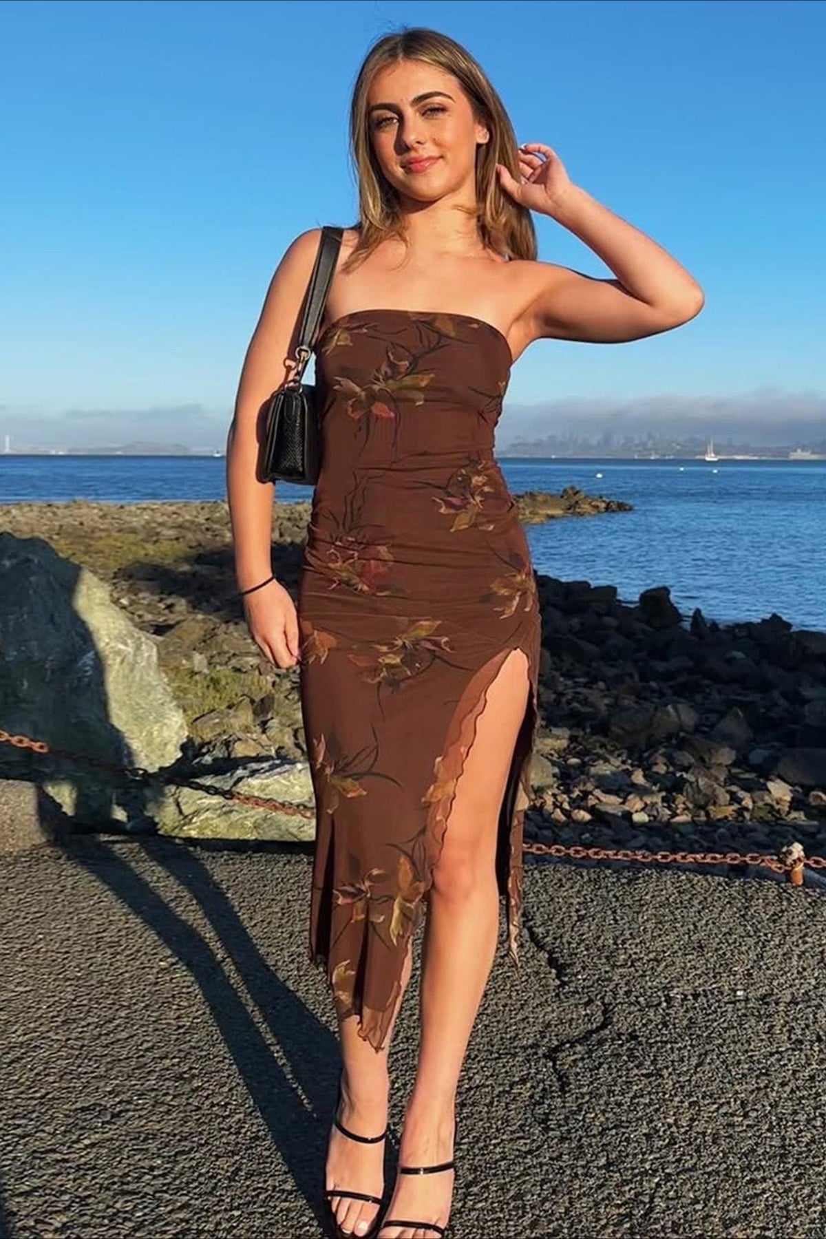 Strapless Printed Slit Double Layer Floral Dress