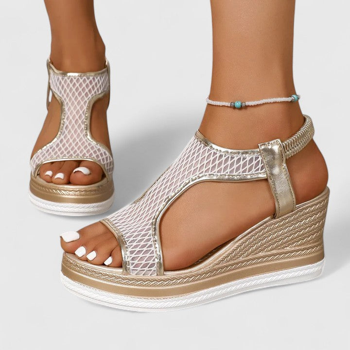 Open Toe Fishnet Mesh Platform Wedge Sandals