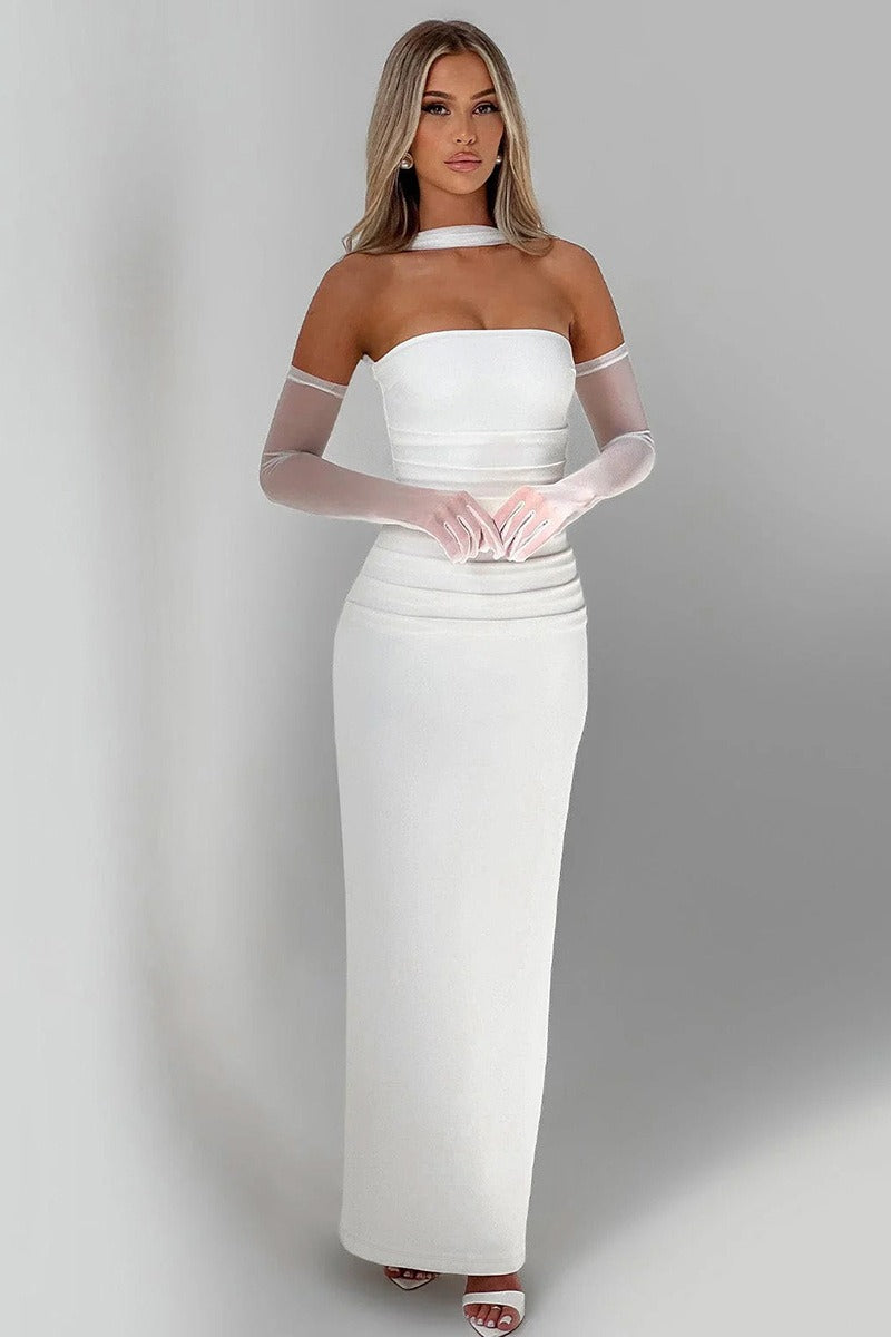 Strapless Choker Neck Ruched Sheer Glove Bodycon Maxi Dress