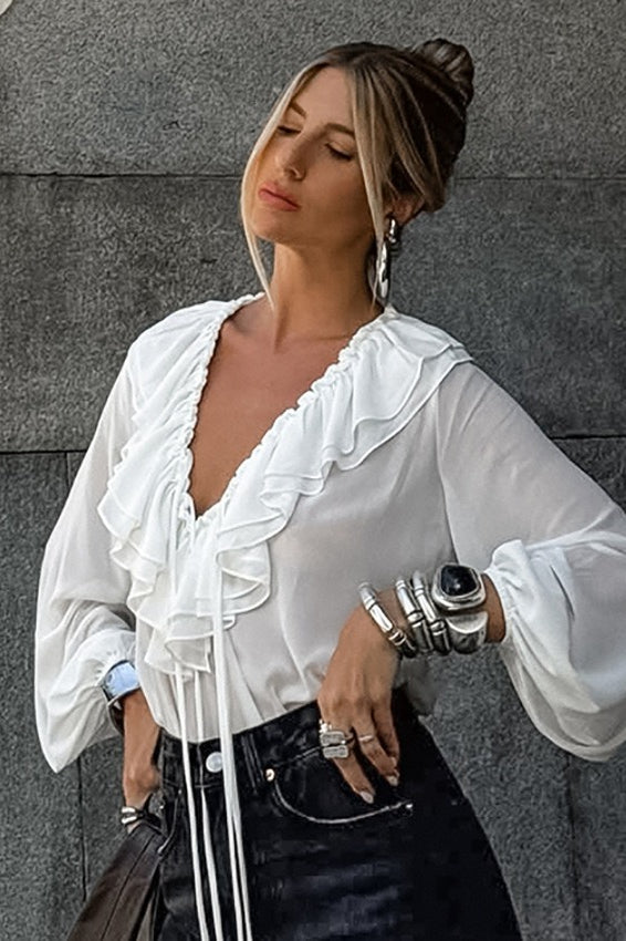 Lantern Sleeve Ruffled V Neck Tie Waist Elegant Blouse
