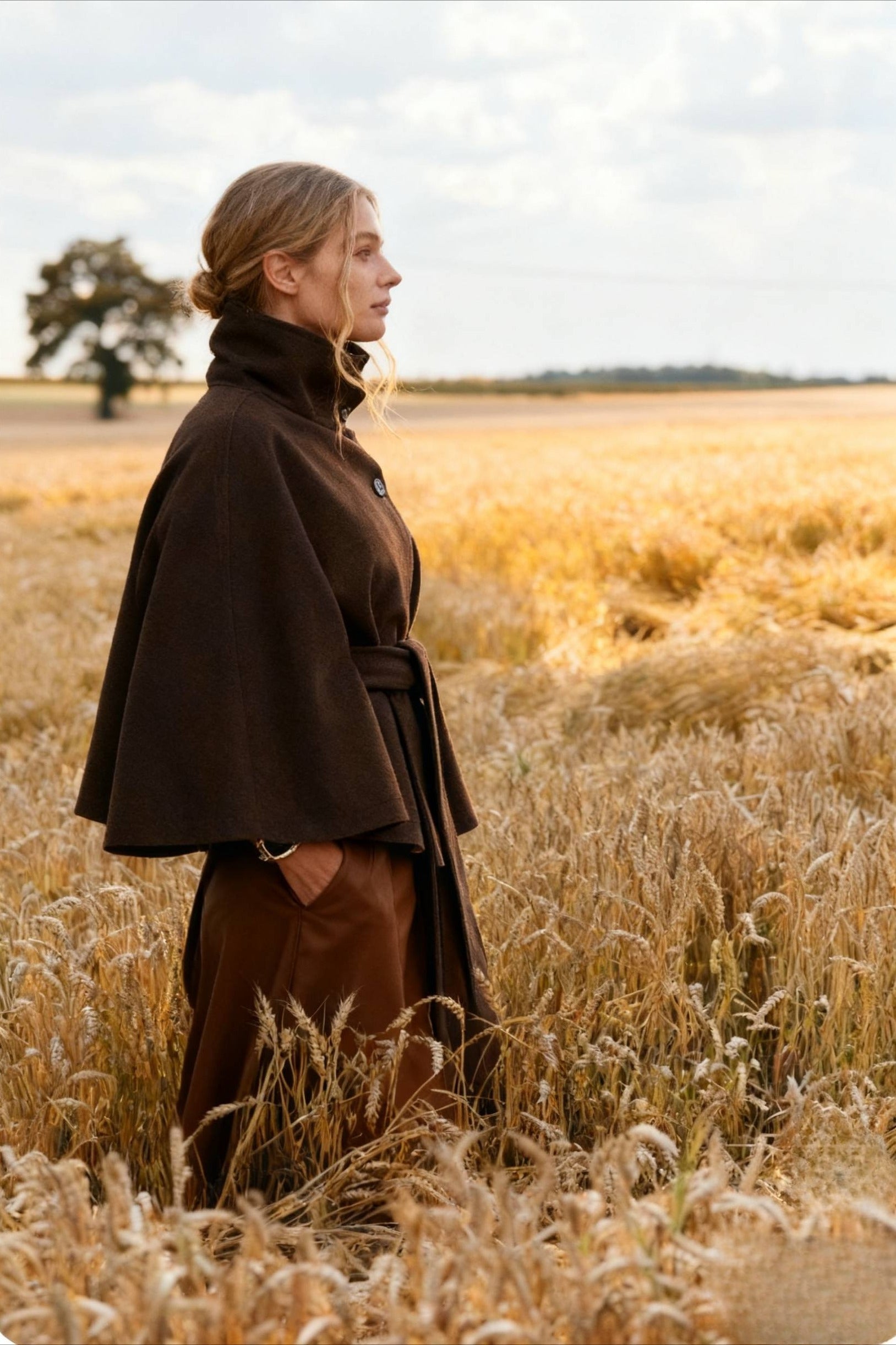 Button Up Stand Collar Cape Coat