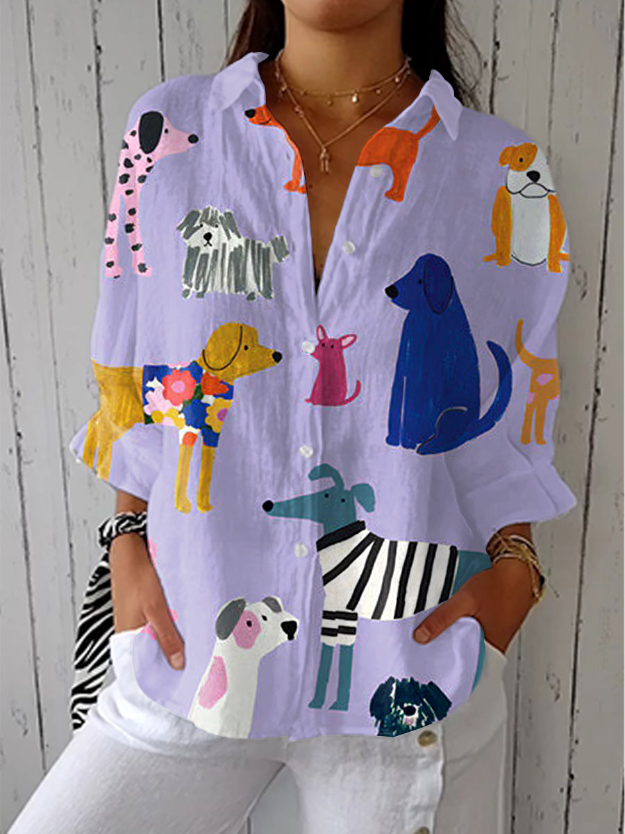 Dog Print Button Front Collared Shirt