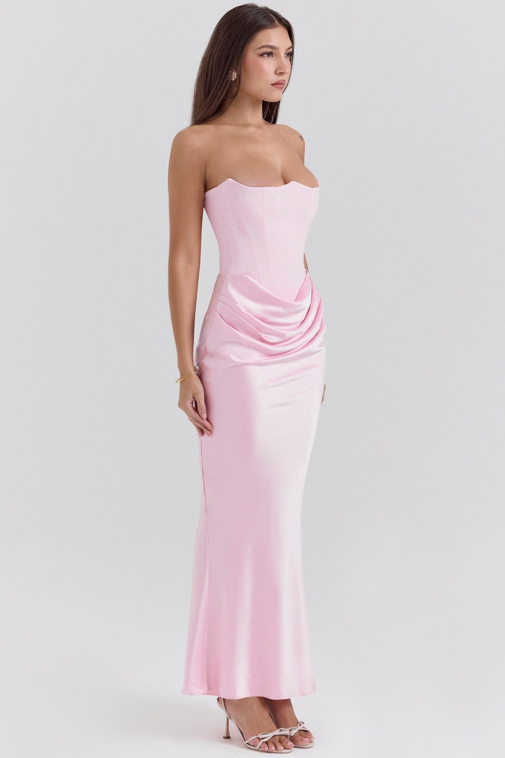 Satin Strapless Corset Bodice Ruched Waist Mermaid Maxi Dress 6