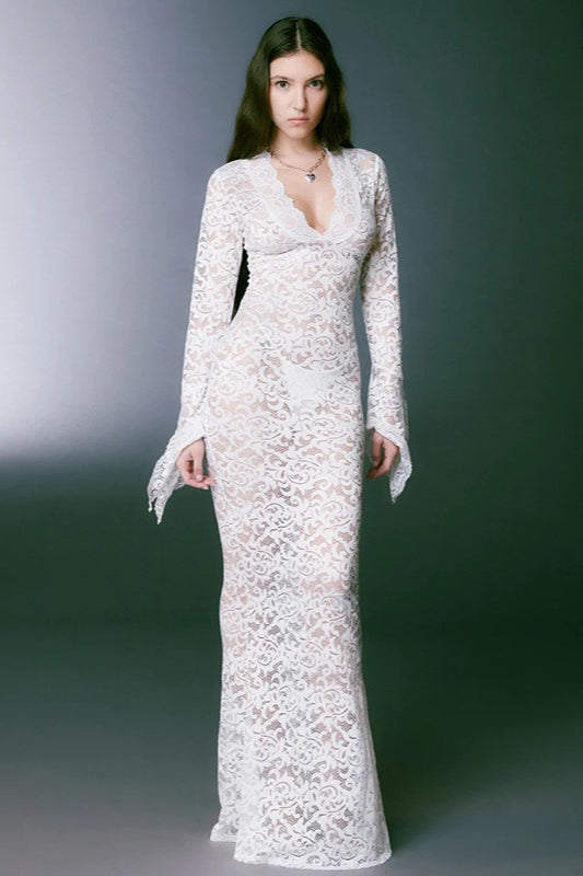 Sheer Lace Deep V-Neck Flared Sleeve Maxi Lace Dress