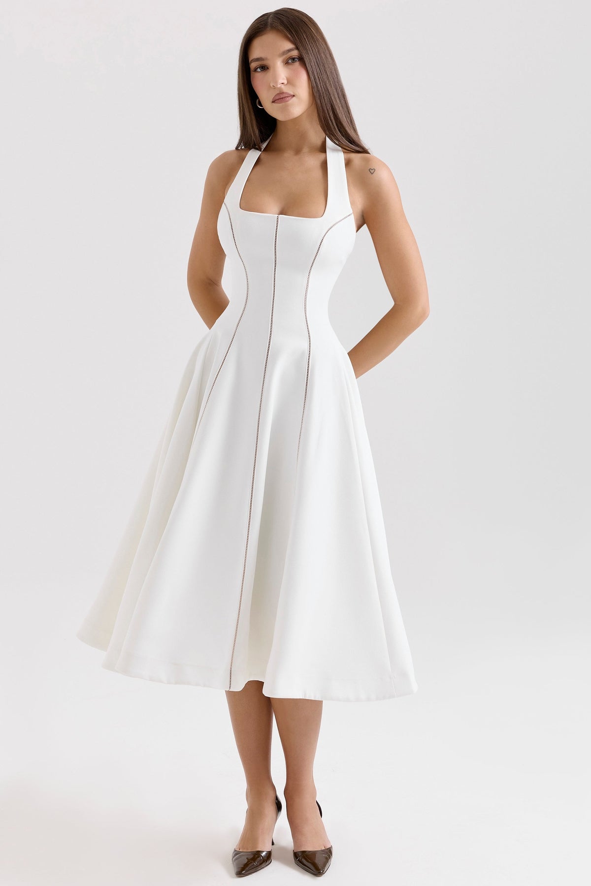 Square Neck Halter Contrast Seam Fit and Flare Midi Dress