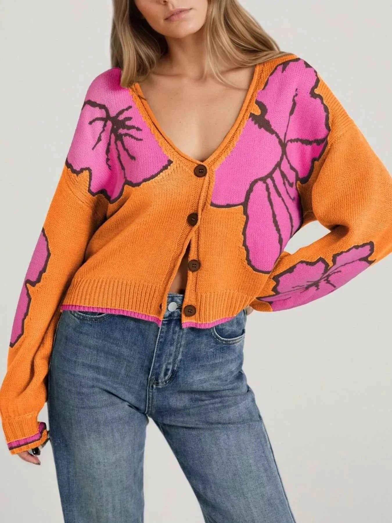 V-Neck Button-Down Knit Cardigan