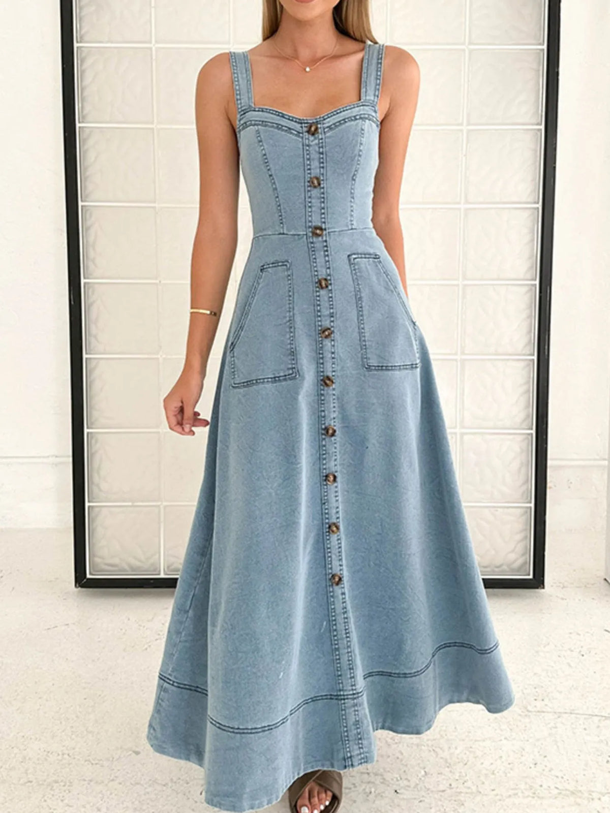 Denim-Look Sweetheart Neck Wide Strap Button Front Pocket Maxi Dress