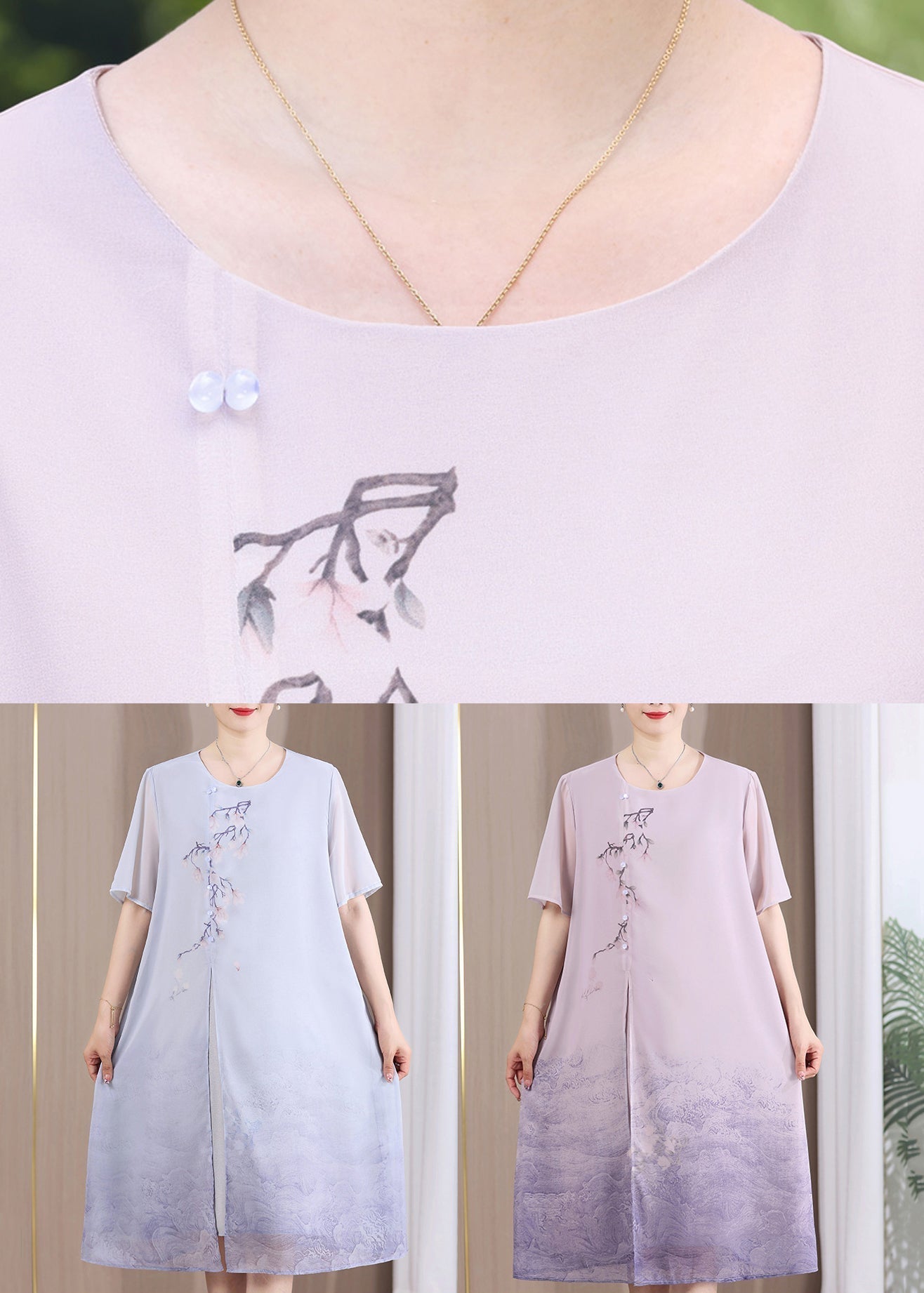 Floral Embroidery Asymmetrical Toggle Button Short Sleeve Ombre Wave Hem Midi Dress