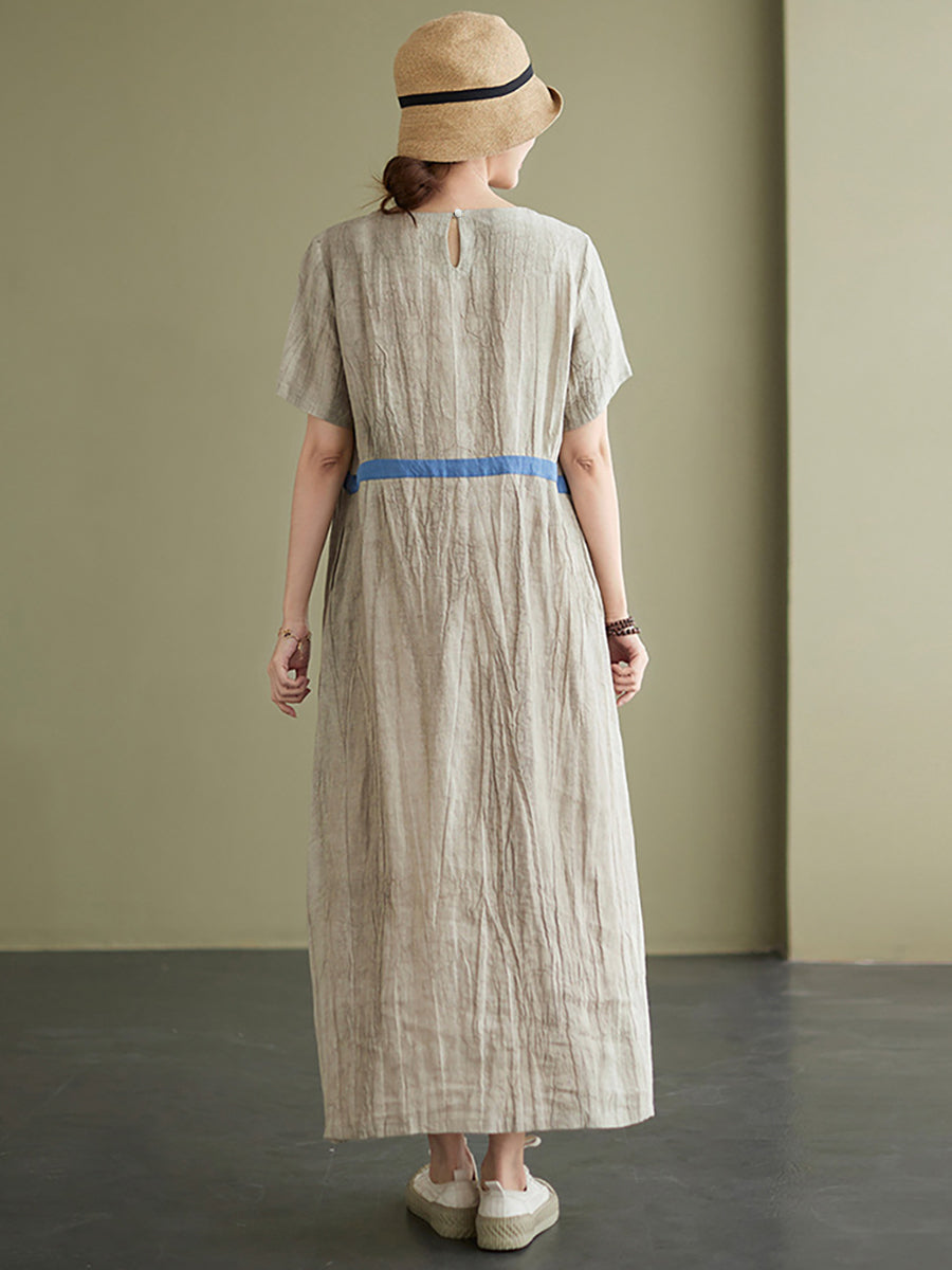 Textured Round Neck Short Sleeve Loose A-Line Maxi Dress