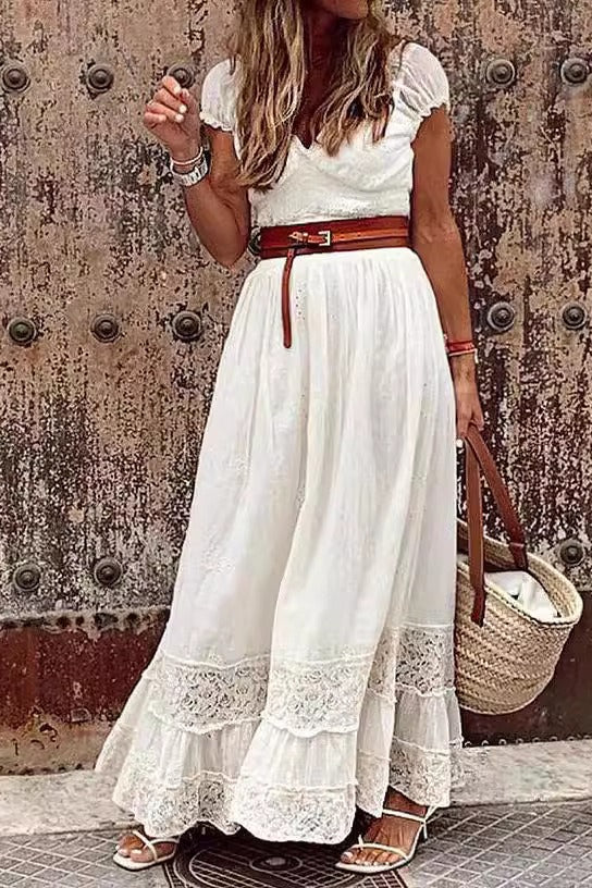 Lace Paneled Refined Formal Maxi Boho Dress