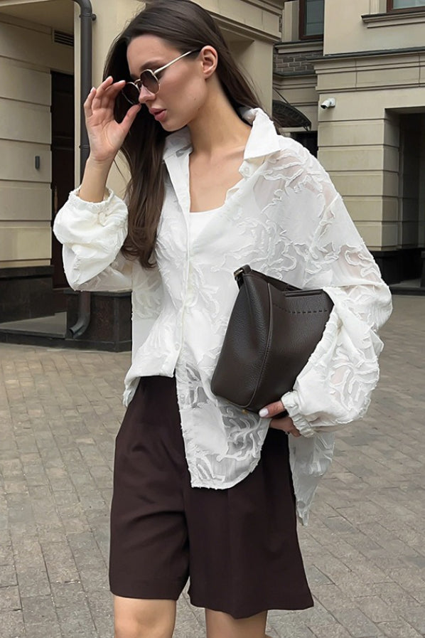 Sheer Textured Jacquard Collared Balloon Sleeve Oversized Shirt 2