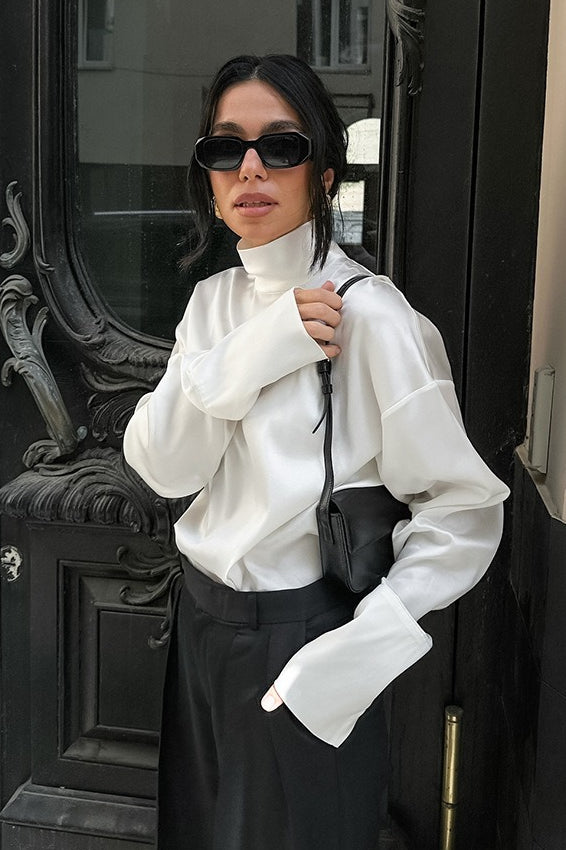 Matte Satin Turtleneck Long Sleeve Blouse