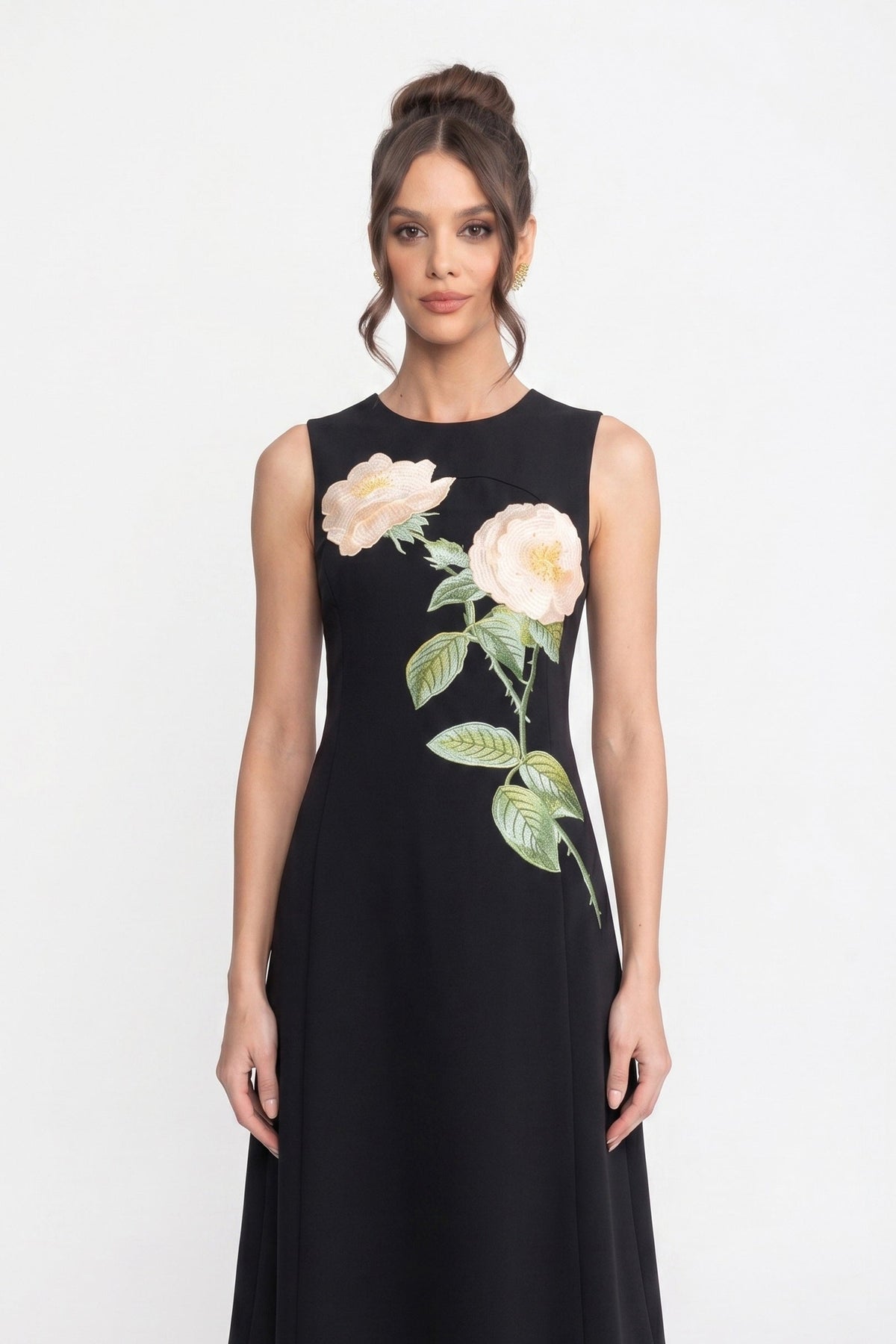 Crew Neck Sleeveless Rose Applique A-Line Midi Dress 6