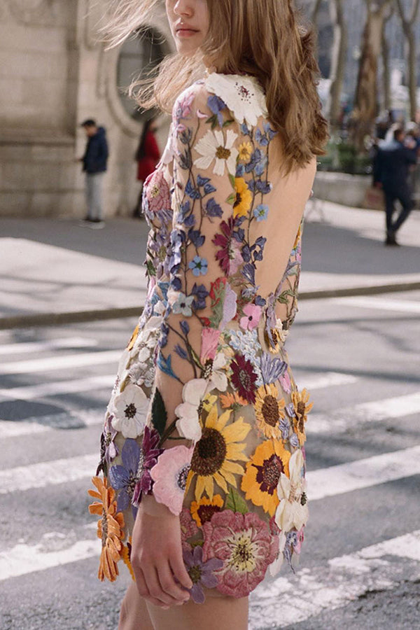 Floral Applique Long Sleeve Sheer Bodycon Mini Dress