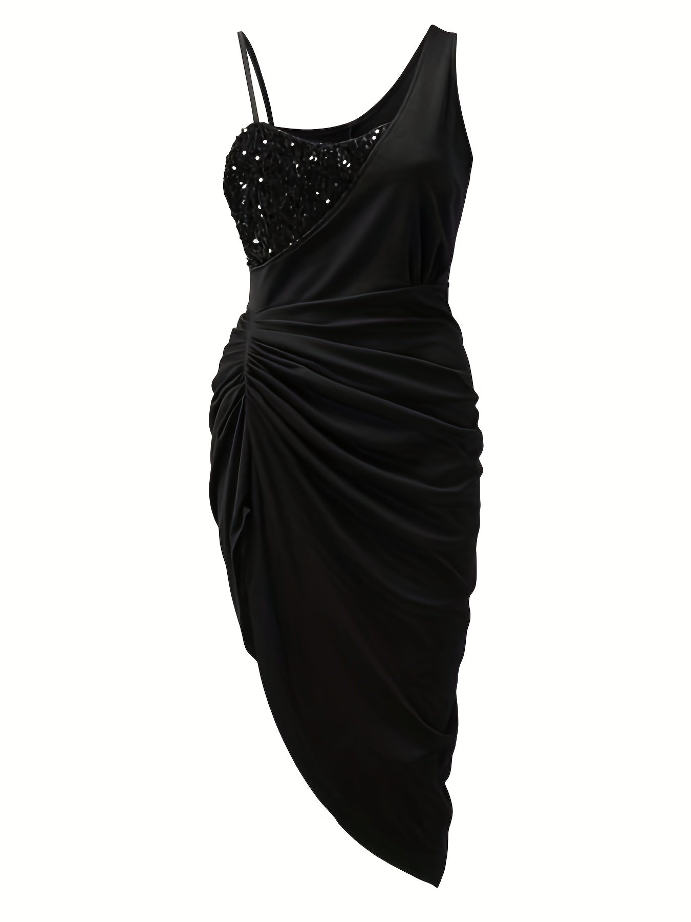 Sequin Panel One Shoulder Asymmetric Ruched Tulip Hem Cocktail Midi Dress