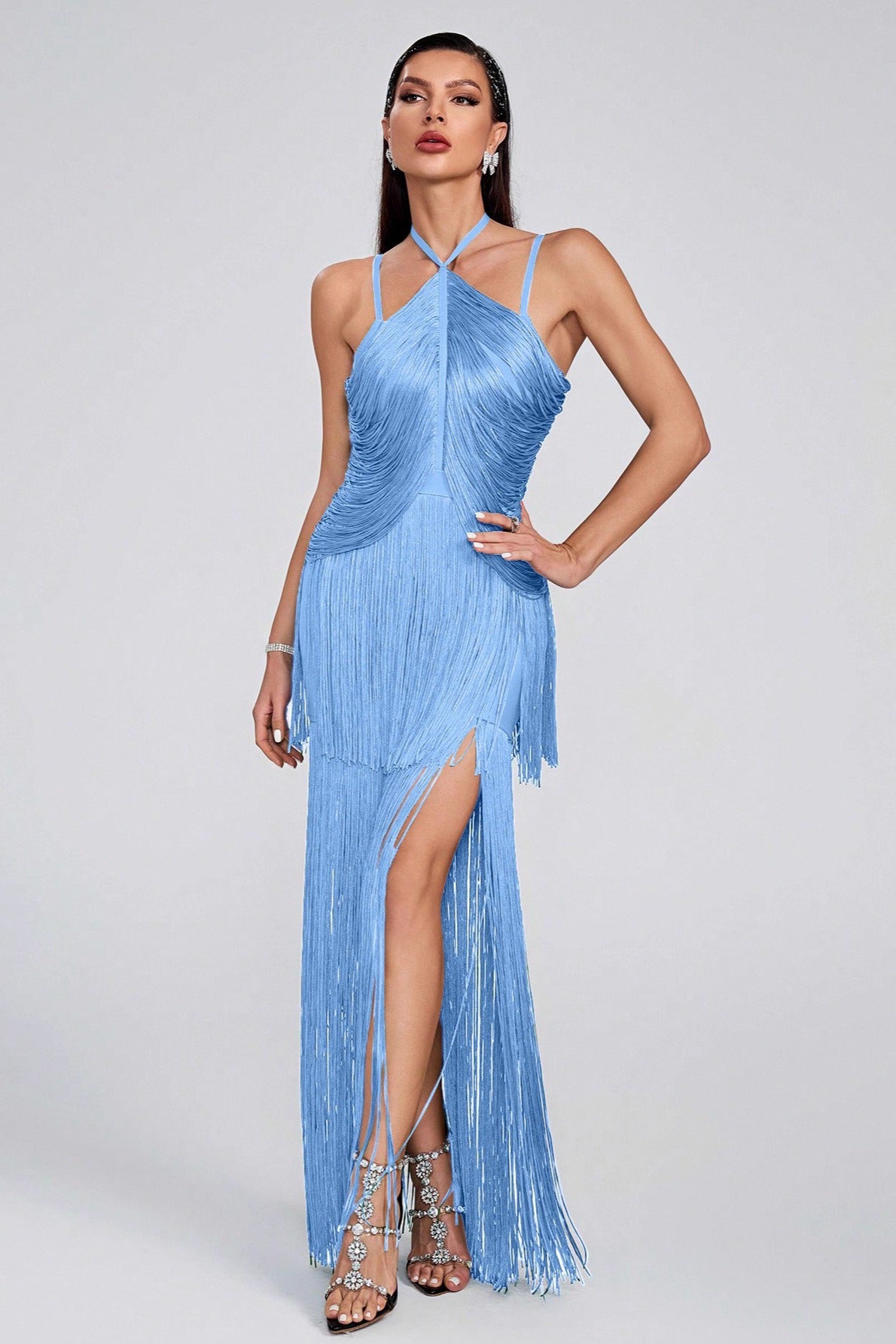 Halter Edition Sling Maxi Fringe Hem Cocktail Dress