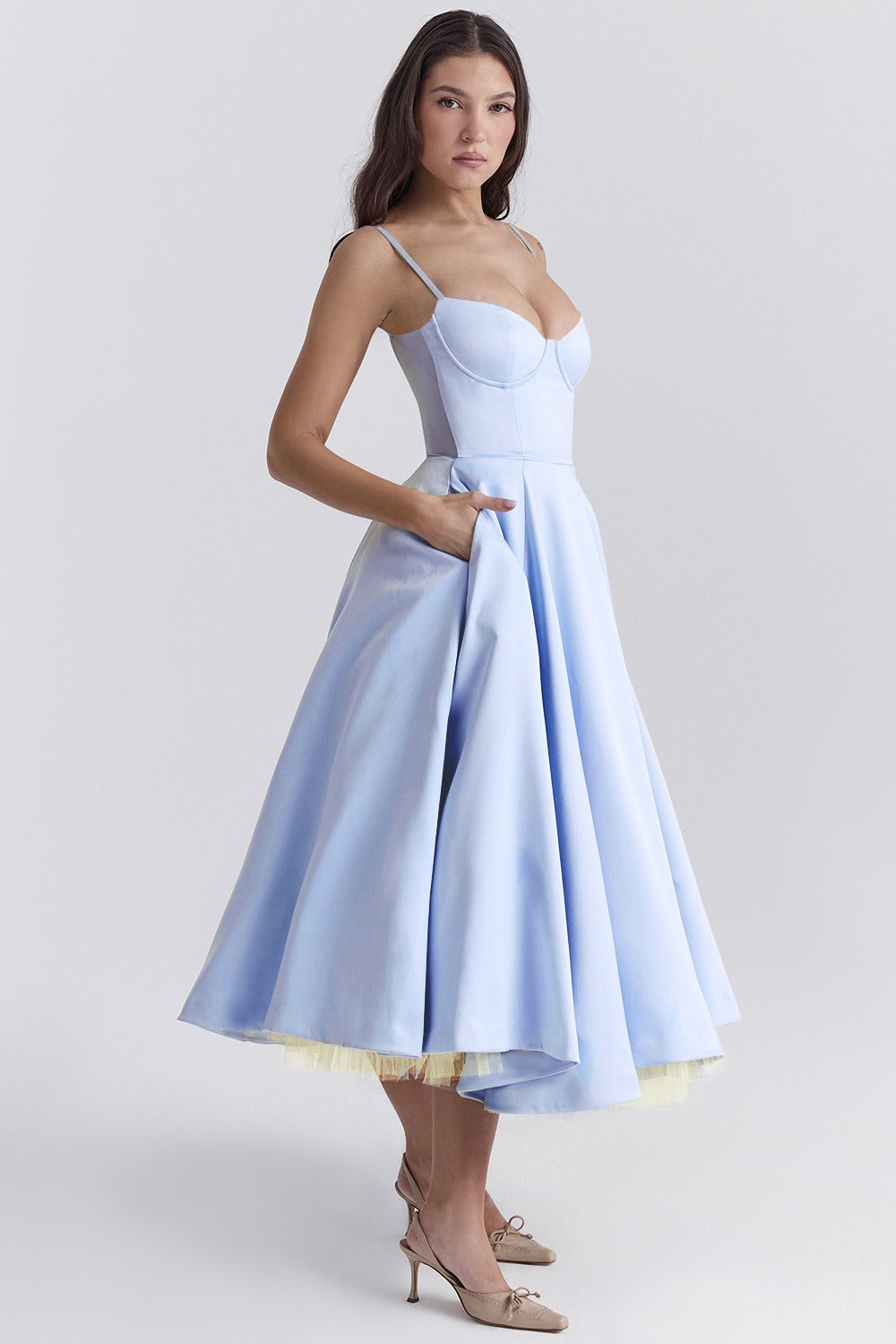 Satin Bustier Sweetheart Spaghetti Strap Fit and Flare Tulle Underskirt Midi Party Dress