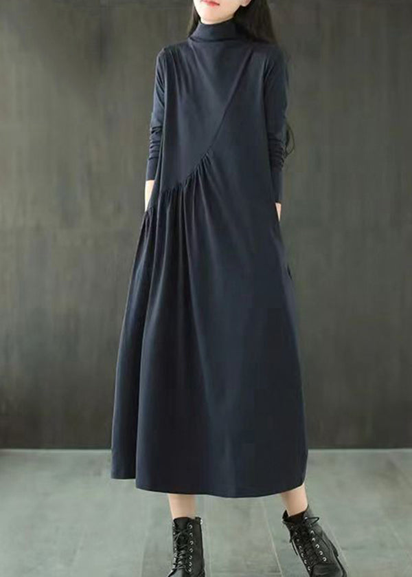 Mock Neck Long Sleeve Diagonal Seam Pleated Pocket A-Line Maxi Dress