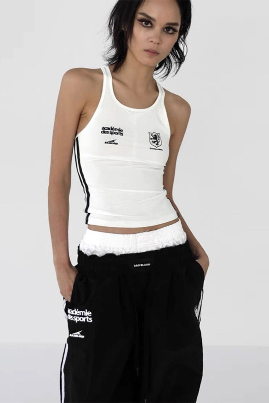 Crest Logo Print Contrast Side Stripe Racerback Tank Top 3