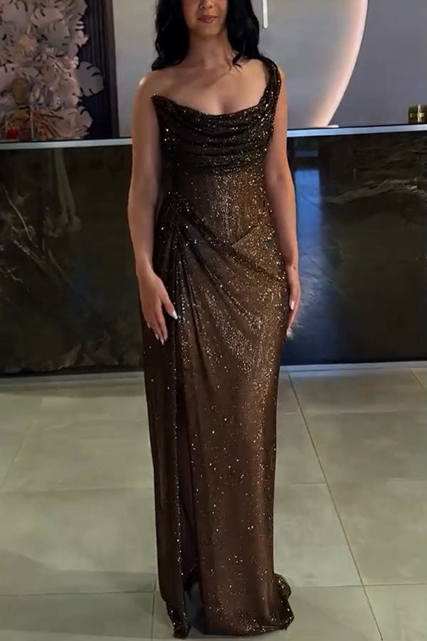 Sequin One Shoulder Ruched High Split Gown