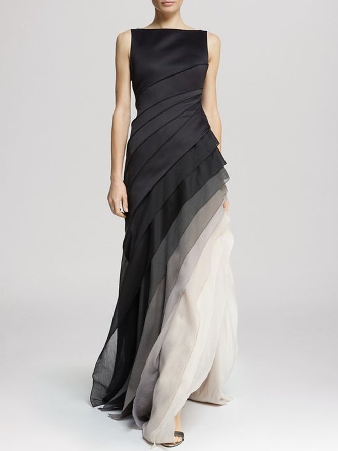 Chiffon Diagonal Tiered Layered Draped Maxi Dress
