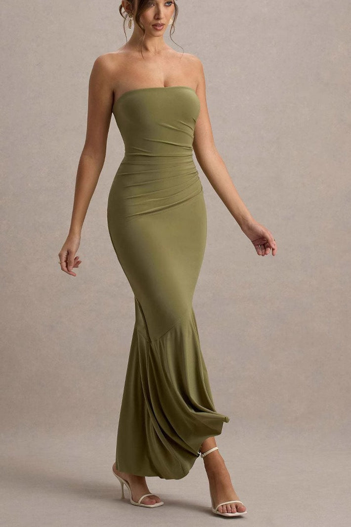 Strapless Ruched Asymmetric Ruffle Hem Bodycon Maxi Gown