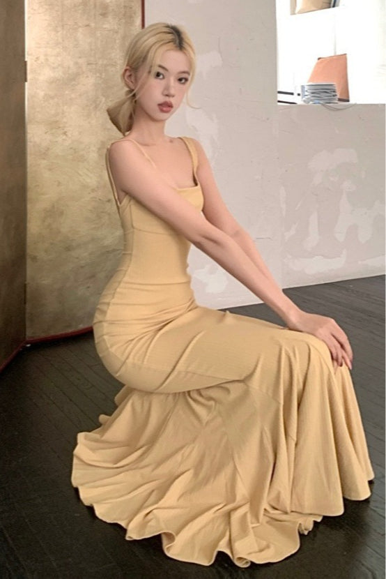 Backless Spaghetti Strap Ruffle Fishtail Mermaid Maxi Dress