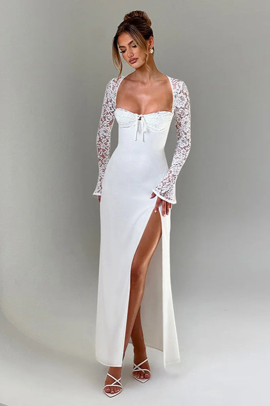 Lace Long Sleeve Sweetheart Neck Tie Front Bustier High Split Maxi Gown