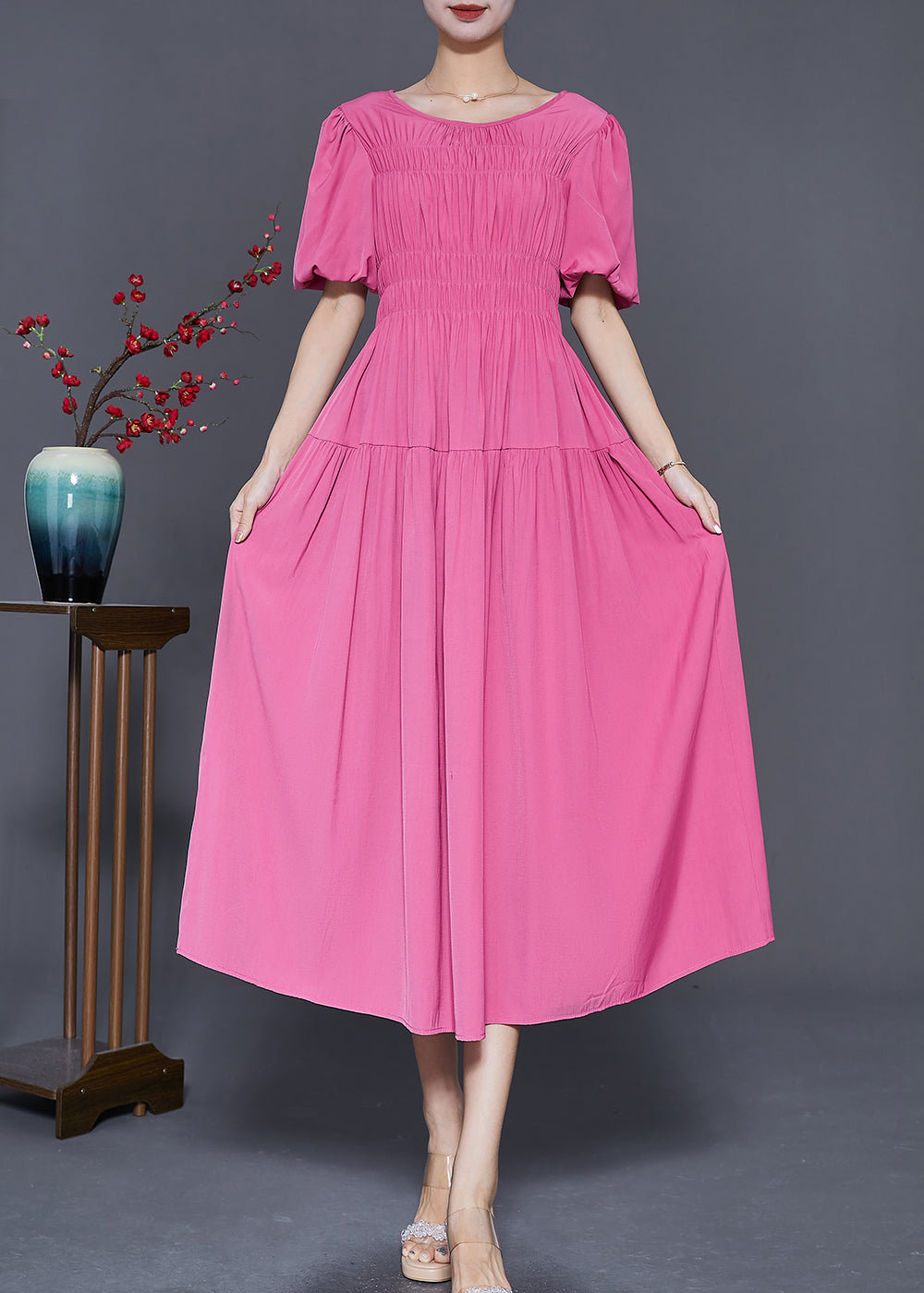 Puff Sleeve Smocked Bodice Empire Waist Tiered A-Line Maxi Dress