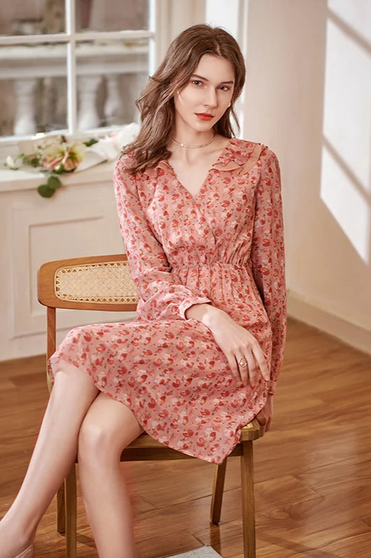 Floral Print Deep V-Neck Ruffle Trim Long Sleeve Fit and Flare Midi Dress