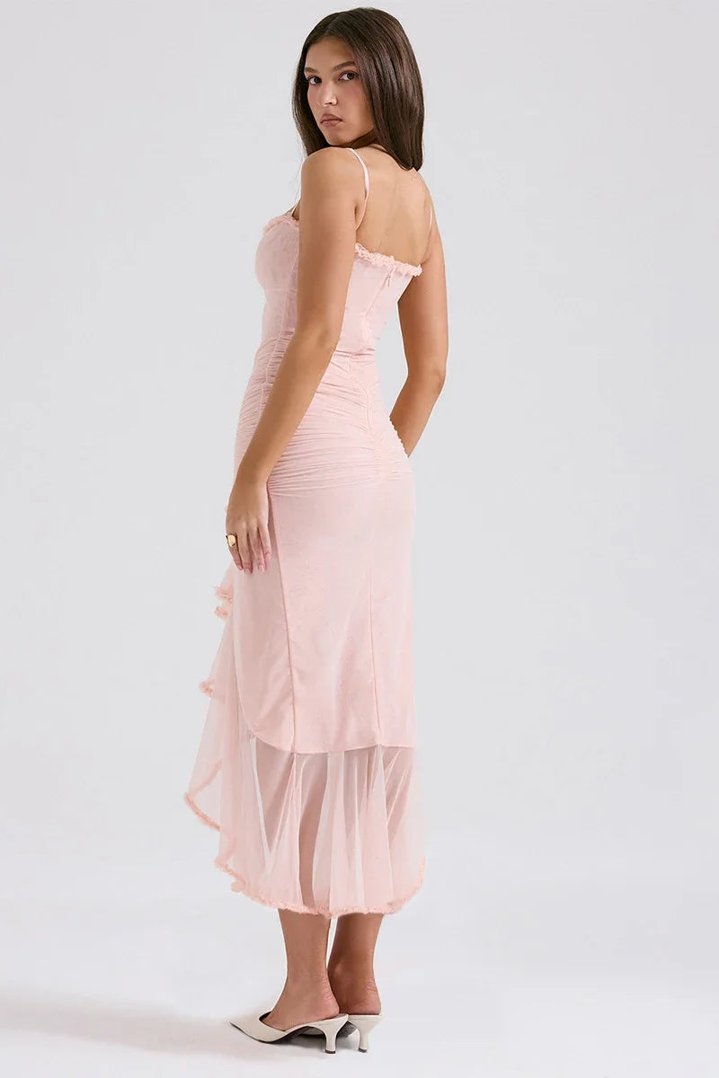 Mesh Spaghetti Strap Ruffle Cut Out High Low Maxi Dress