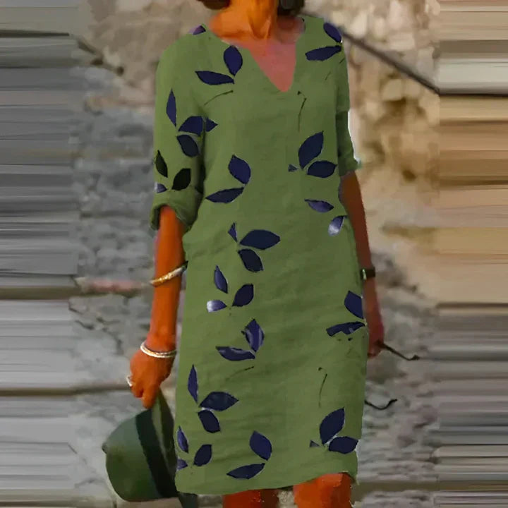 Leaf Print V-Neck Three Quarter Sleeve Pocket Shift Midi Summer Dress