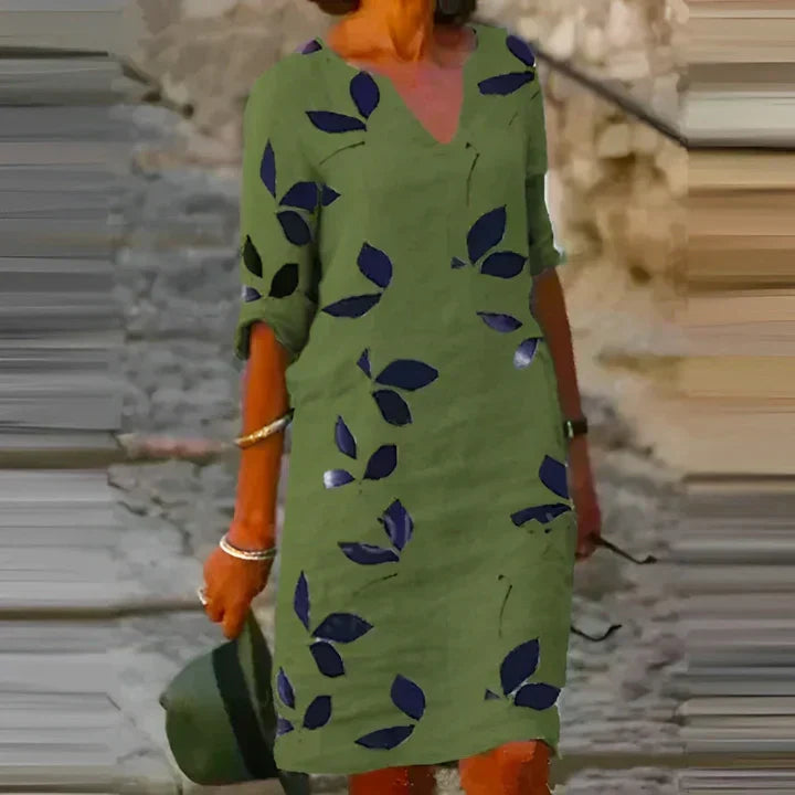 Leaf Print V-Neck Three Quarter Sleeve Pocket Shift Midi Summer Dress - View 2