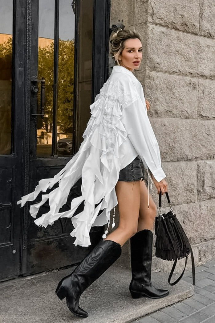 Tie Neck Collared Long Sleeve Ruffle Back High Low Shirt 4