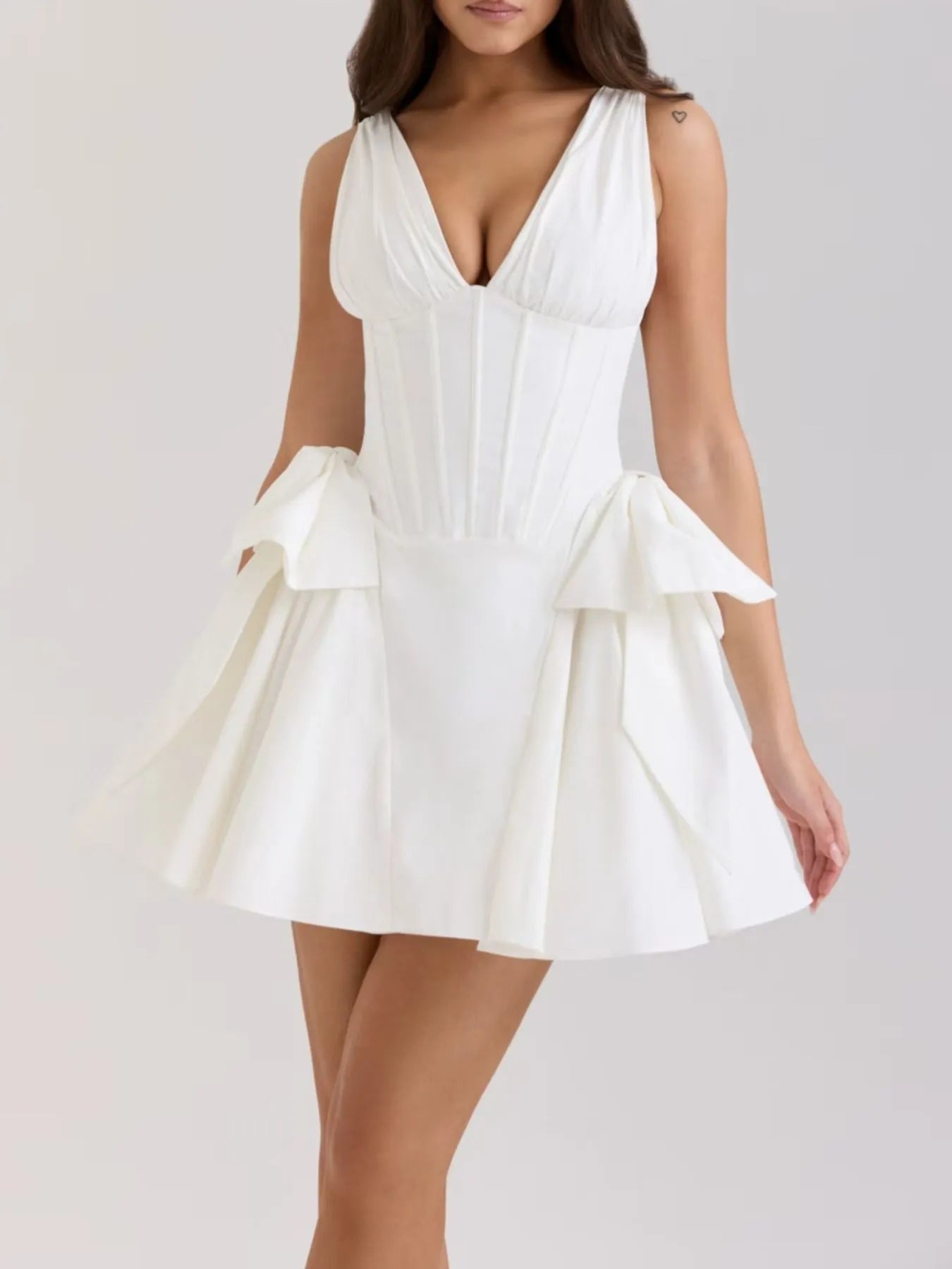Bow V-Neck Sleeveless Mini Dress – Flirty Party Dress White